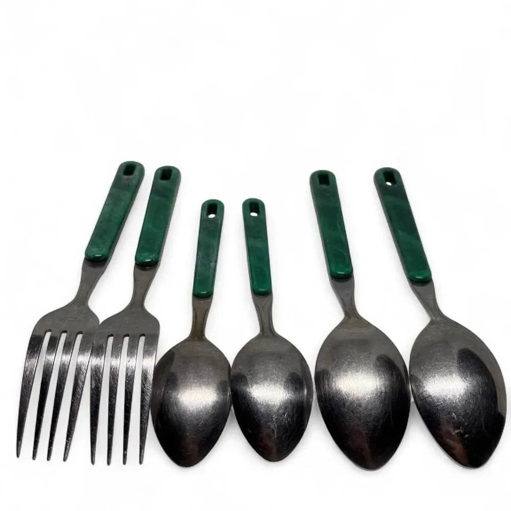 Vintage Retro Green Marbled Handle Flatware Set 8 Pc. Full Tang Stainless Steel